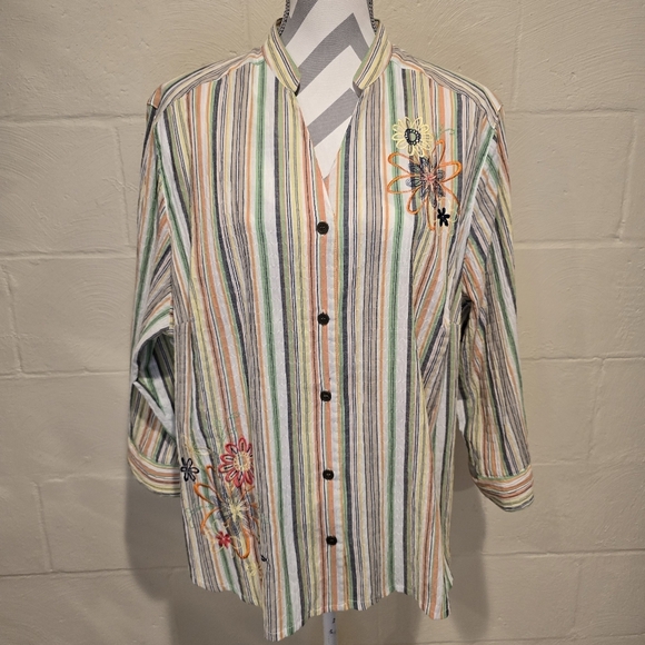 Alfred Dunner Women's Striped Embroidered Button-Down 20 W Colorful 3/4 Sleeve. - Picture 1 of 12